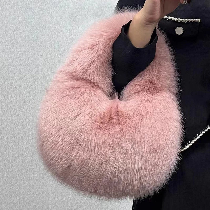 KIMLUD, Fashion Soft Plush Half Moon Bags for Women Designer Fluffy Faux Fur Lady Handbags Luxury Small Tote Female Winter Purses, KIMLUD Womens Clothes