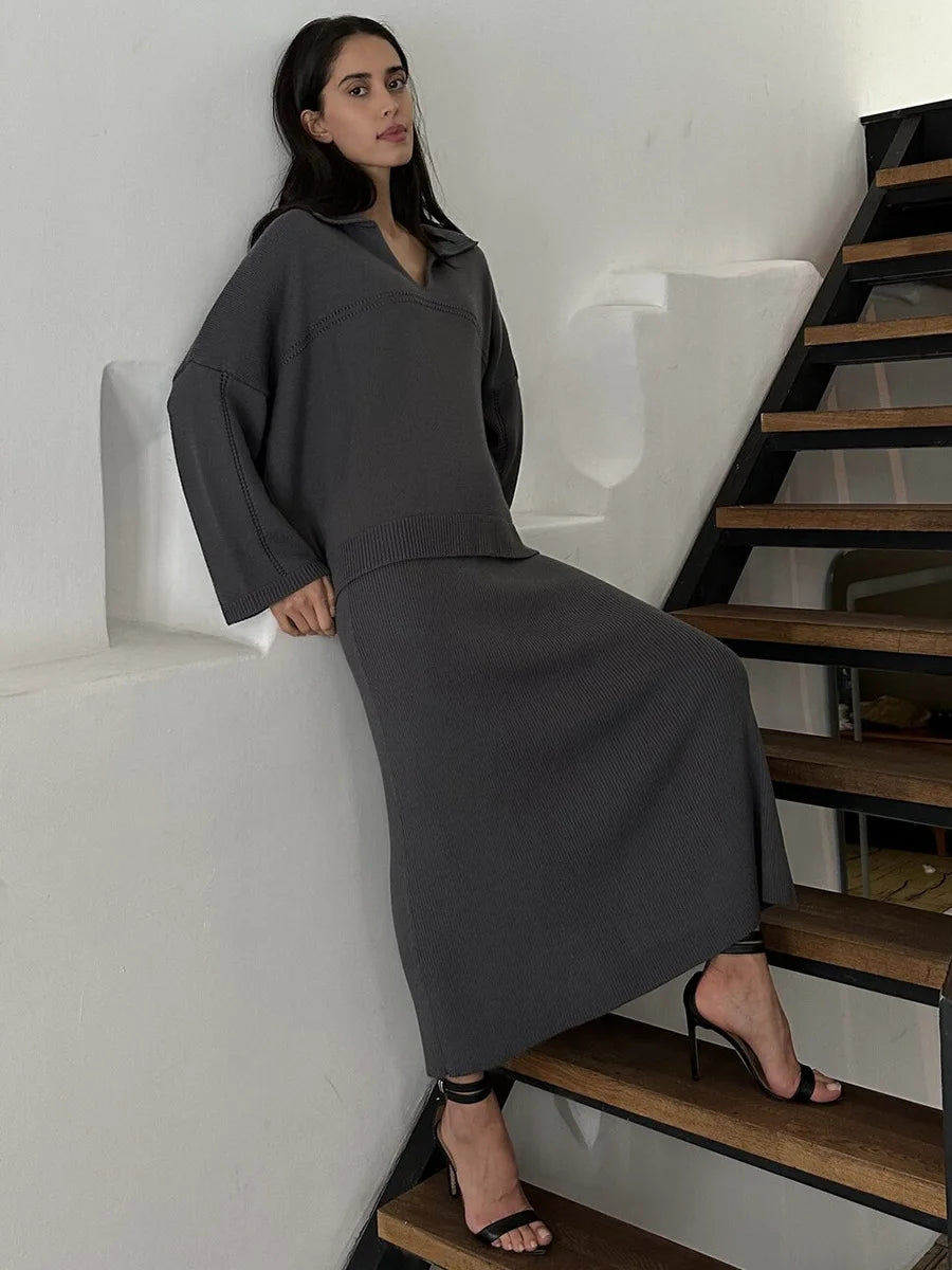 DEAT Fashion Women's 2 Pcs Set V-neck Loose Fit Long Sleeves Sweater High Waist Ankle-length Skirt Suit Autumn 2024 New 7AB4889 - KIMLUD