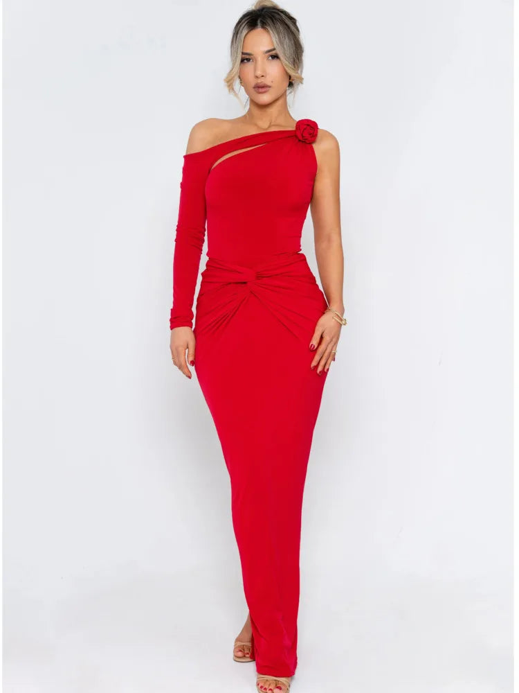 Bodycon Hollow-Out Dress Single-Sleeve — Red | KIMLUD
