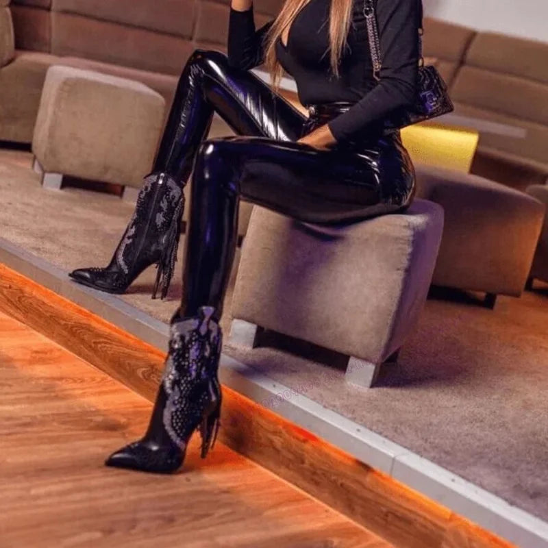 Black Tassel Crystal Decor Ankle Boots Pointed Toe Shoes for Women Thin High Heels Sexy Runway Shoes 2025 Zapatos Para Mujere