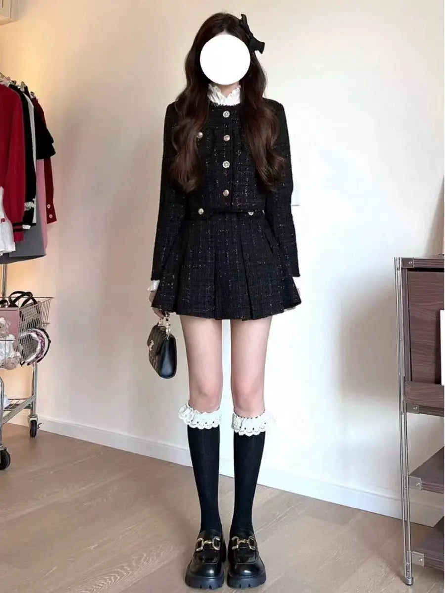 KIMLUD, Spring and Autumn High end Slim Fit Short Tweed Coat High Wasit A-line Mini Skirts Set Sweet Black Two Piece Sets Women Outfits, KIMLUD Womens Clothes