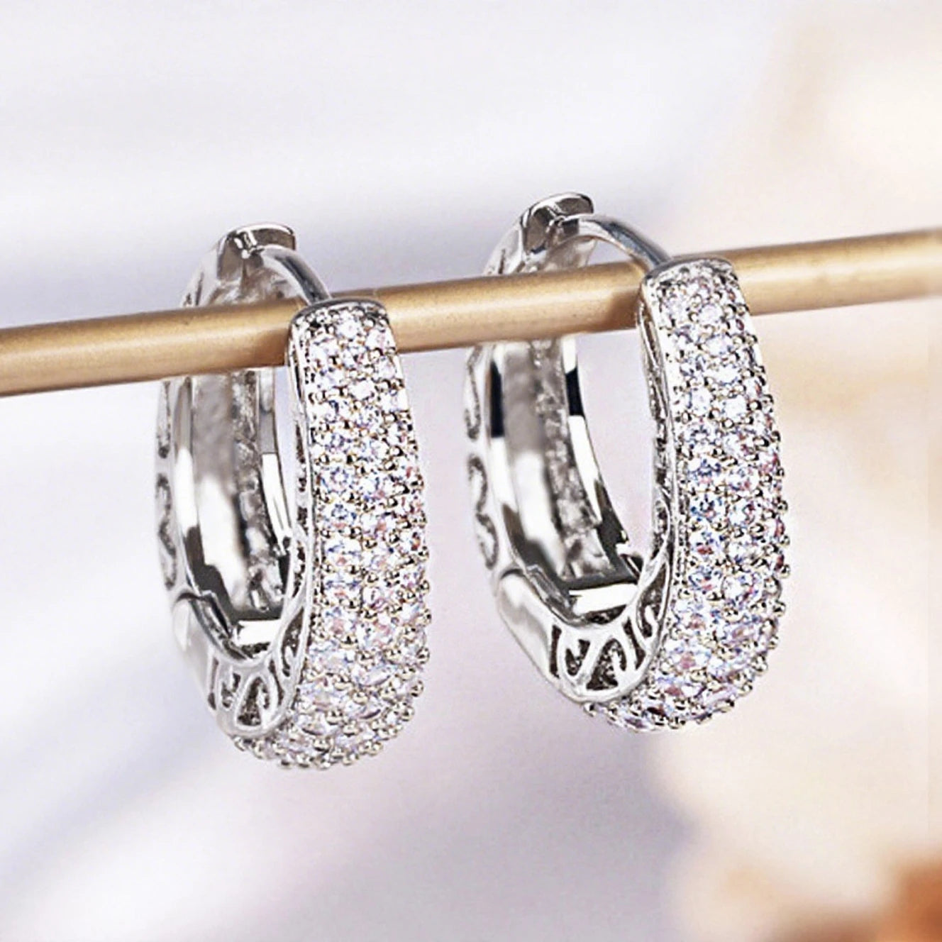 Sterling Silver Hoop Earrings Dazzling CZ Stone — Silver | KIMLUD