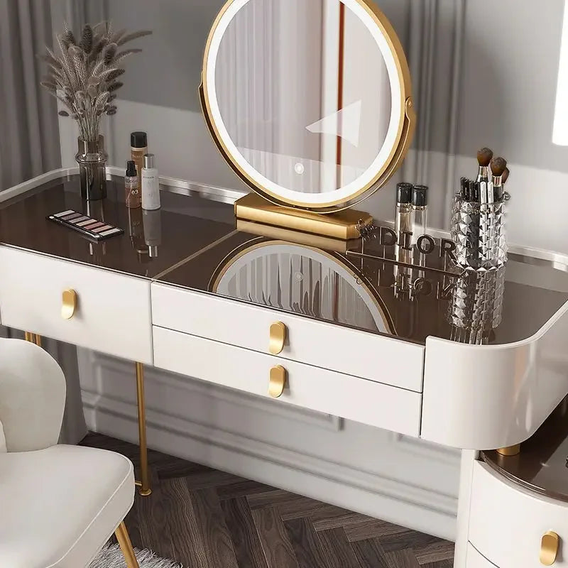 A Modern Design Dressing Table With Mirror and Stool Wooden Makeup Vanity Desk Side Cabinet Set Bedroom Furniture Dresser
