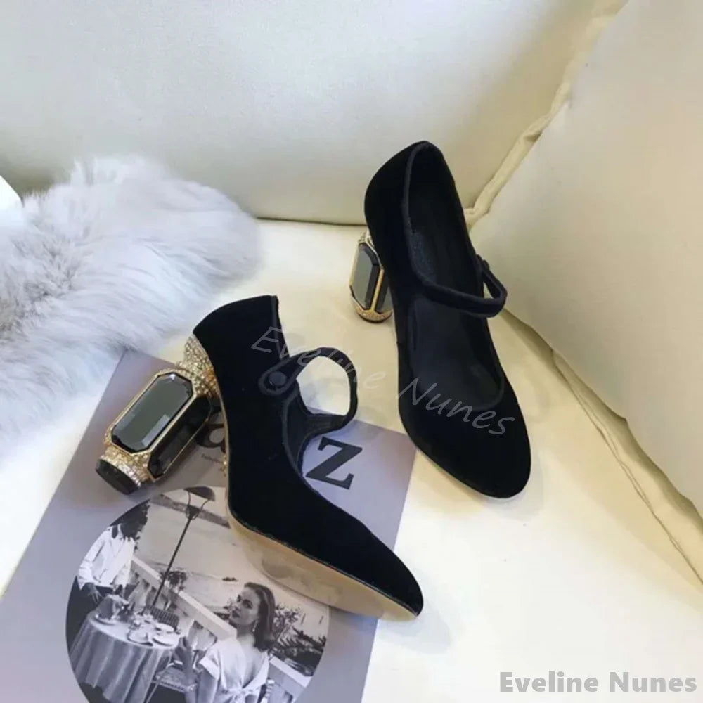 Sculpted Velvet T-Strap Crystal Heels — Emerald | KIMLUD