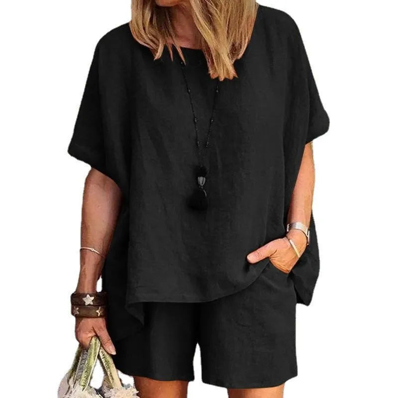 Cotton-Linen Two-Piece Set Plus Size Relaxed-Fit Short-Sleeve Top And Shorts — Steel-Blue | KIMLUD