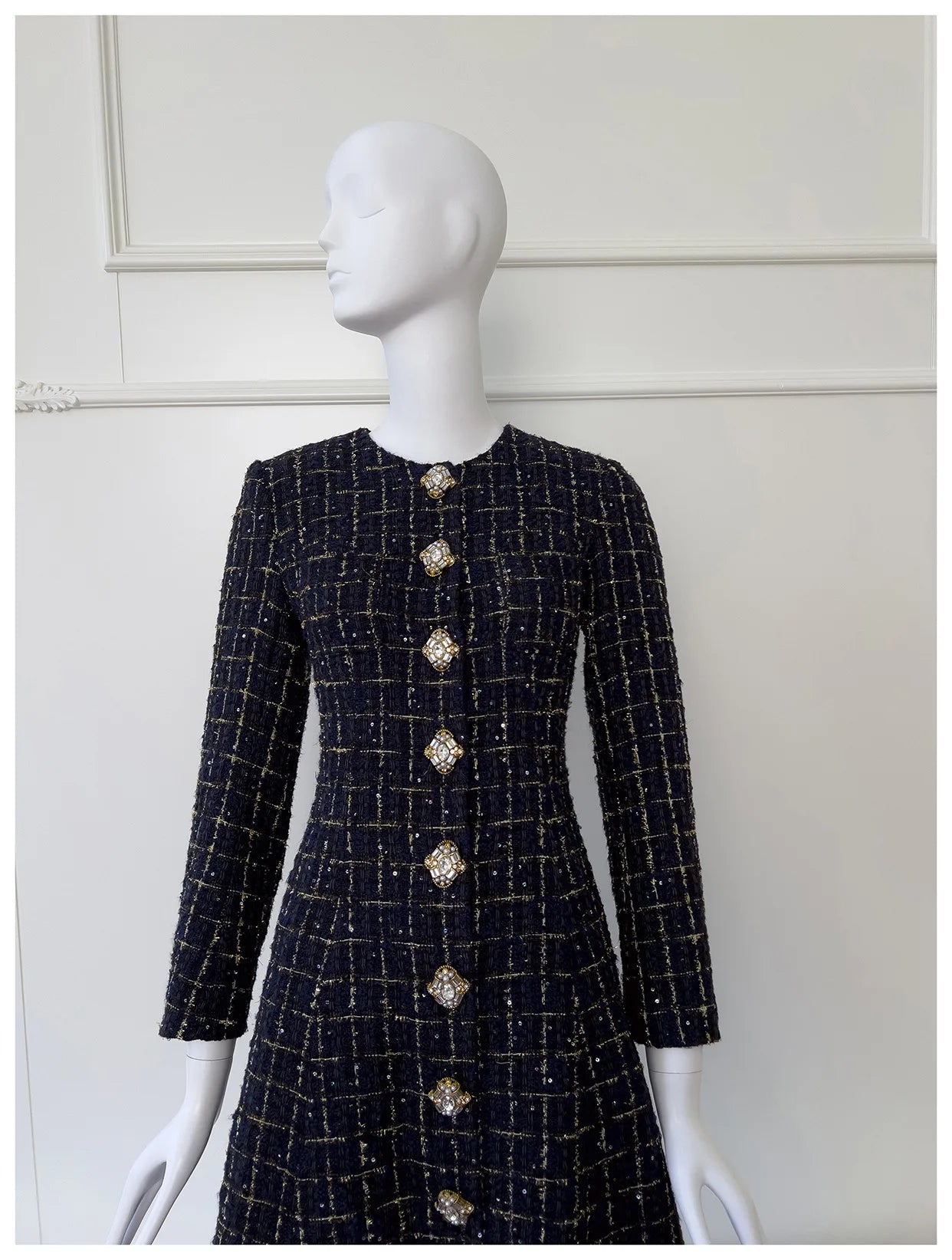 IEQJ Fashion Autumn Winter Evening Dress Women O-Neck Long Sleeves Single-breasted Zipper Cotton Tweed Umbrella Dresses New