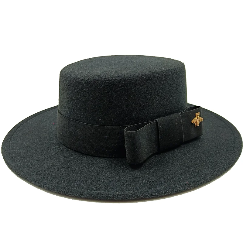 KIMLUD, Wholesale Fedora hats Winter round concave convex surface flat top bow elastic ribbon men&#39;s and women&#39;s felt jazz hats Fedora, 7 / China / 56-58cm, KIMLUD Womens Clothes