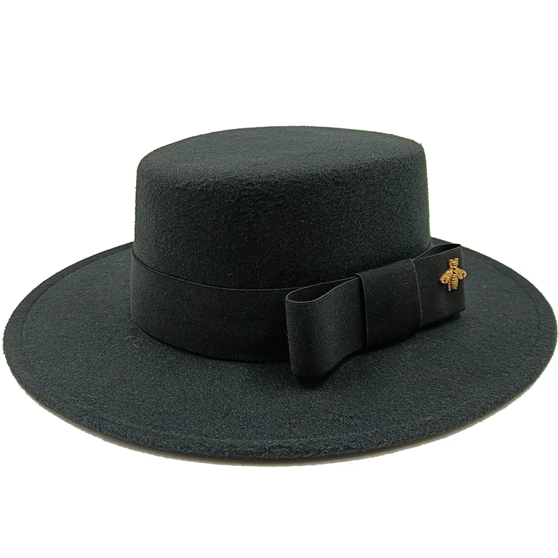 Wholesale Fedora hats Winter round concave convex surface flat top bow elastic ribbon men&#39;s and women&#39;s felt jazz hats Fedora - KIMLUD