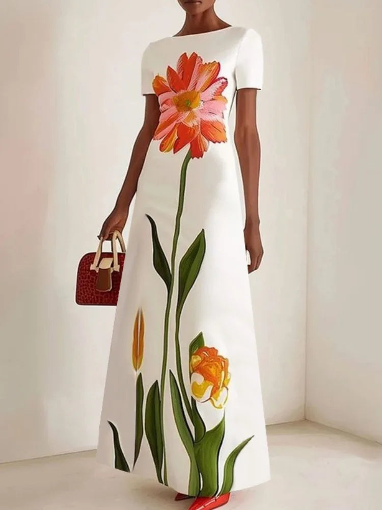 Gymystars 2025 Summer Latest Women's Fashion Flower Printed Dress Round Neck Trend Loose Elegant Party Evening Beach Dresses