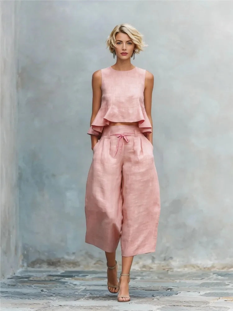 Linen Ruffled Vest Top Two-Piece Set — Ivory | KIMLUD