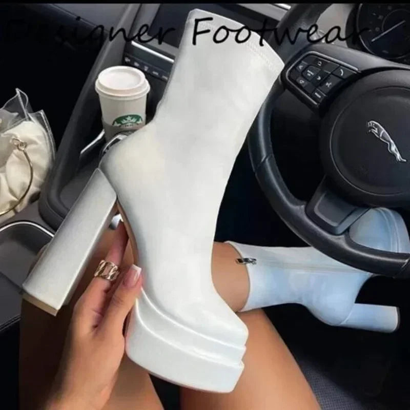 Winter Chunky High Heels Ankle Shoes for Women Punk Style Zipper Thick Platform Elasticity Microfiber Boots Botines Mujer 204