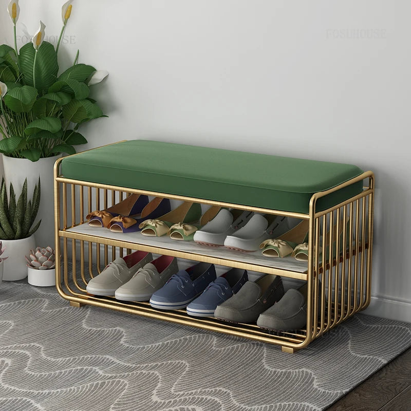 Fabric Shoe Stool Nordic Minimalist With Storage Brushed Gold Accents — Emerald Green | KIMLUD