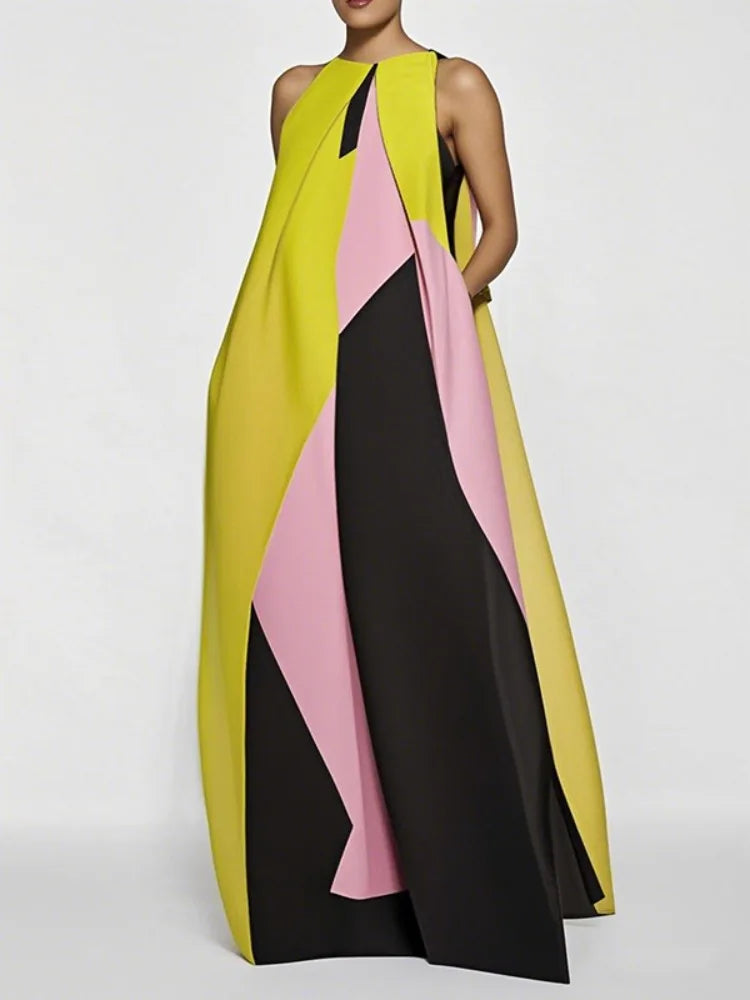 Yeezzi 2025 New Summer Vacation A-line Dress For Women Fashion Color-Block Pleated O-Neck Casual Weekend Going Out Maxi Dresses
