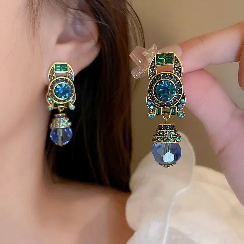 Rhinestone Ear Clip Geometric Water Drop Earrings — Blue | KIMLUD