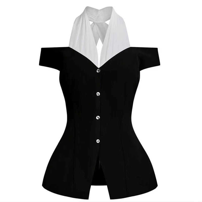 Off-Shoulder Halter-Neck Top Button Front Dramatic Contrast Panel — Black And White | KIMLUD