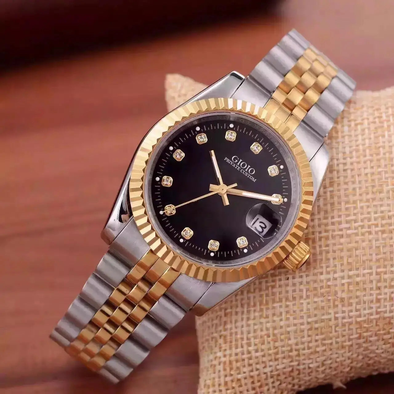 Two-Tone Stainless Steel Watch Diamond Hour Markers — Silver and Gold | KIMLUD