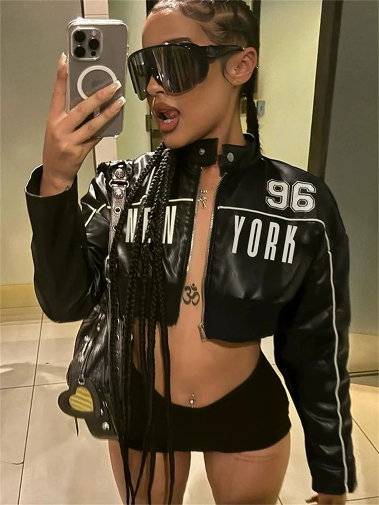 kliou Letter PU Patchwork Women Coats New Hipster Button Zip-up Full Sleeve Crop Jackets Trend Cool Street Outwear Spring New
