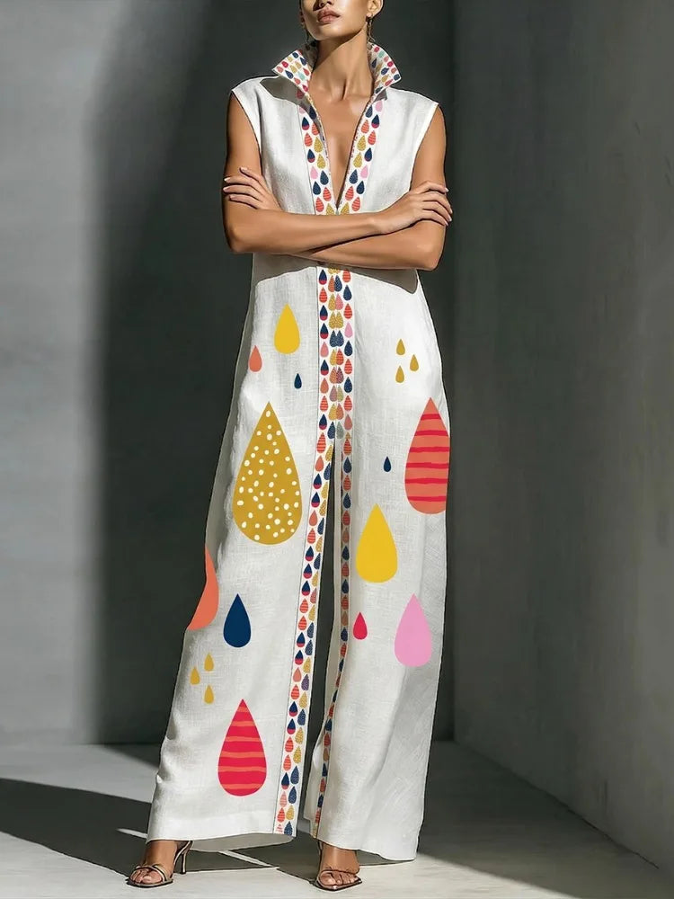 Jumpsuit – Colorful Printed Zipper Wide Leg – Polyester | KIMLUD