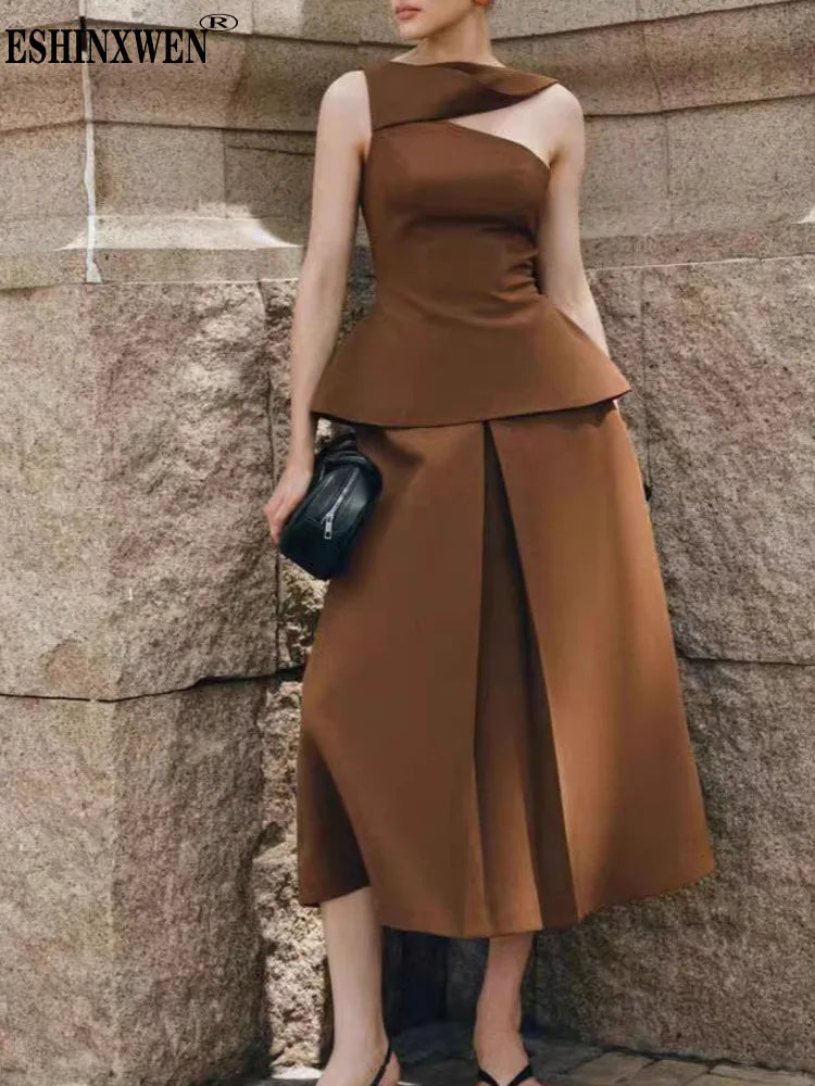 Eshin Luxury Brown Two-Piece Set Women Elegant One-Shoulder Peplum Top And High-Waisted Maxi Skirt With Sash Dubai SA1471