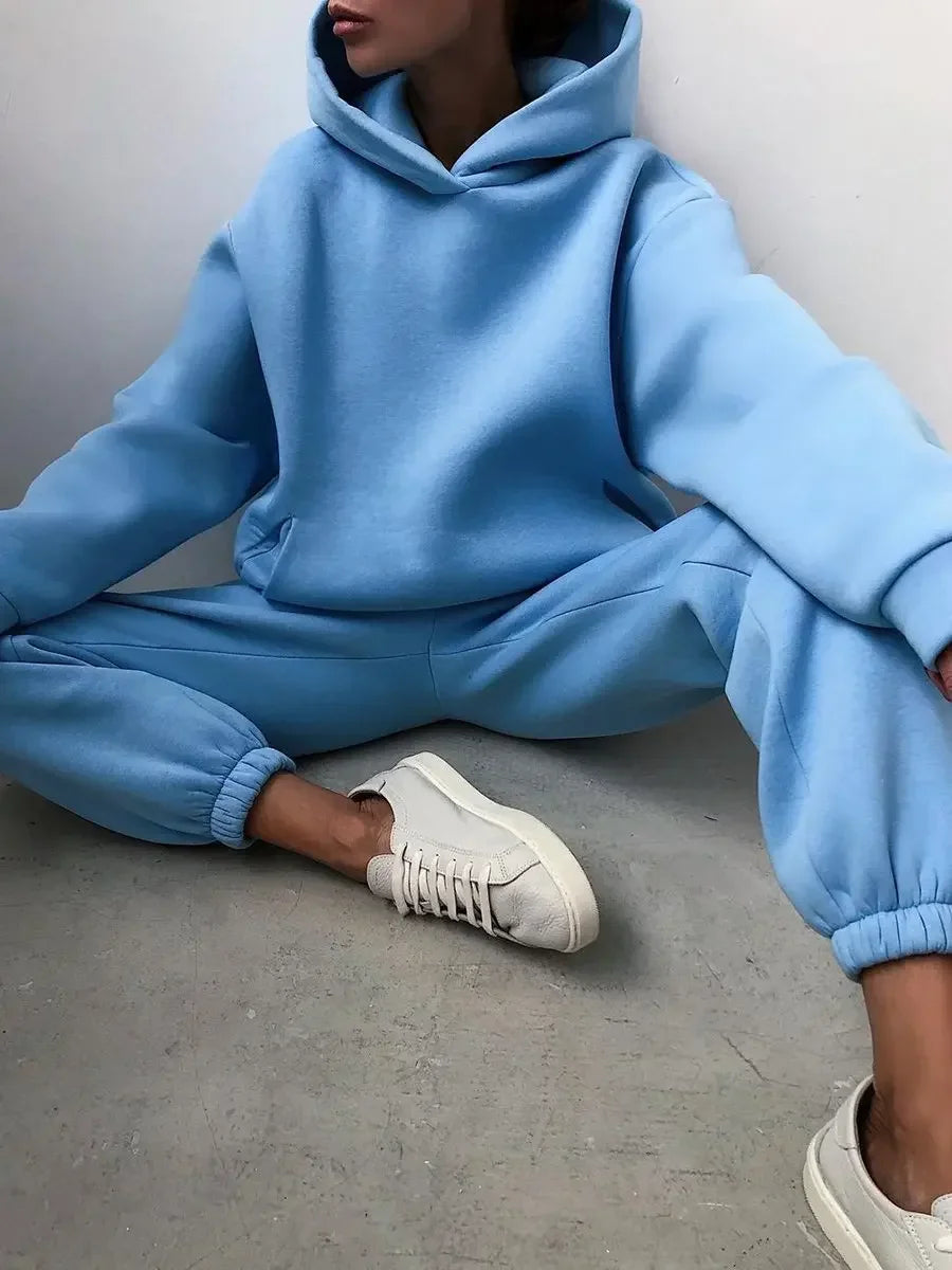 Fleece Tracksuit Two-Piece Hooded Set — Black | KIMLUD