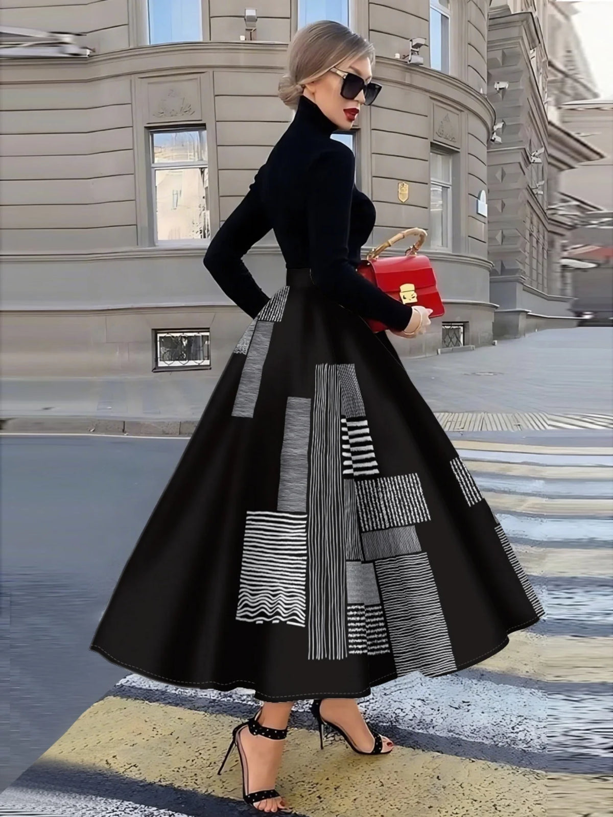 Skirt – Geometric Stripes Pattern – Polyester Fiber | KIMLUD