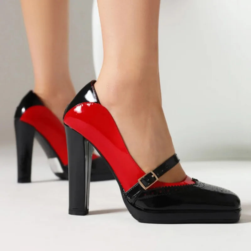 Square Toe Heels With Buckle Strap — Color Matching | KIMLUD
