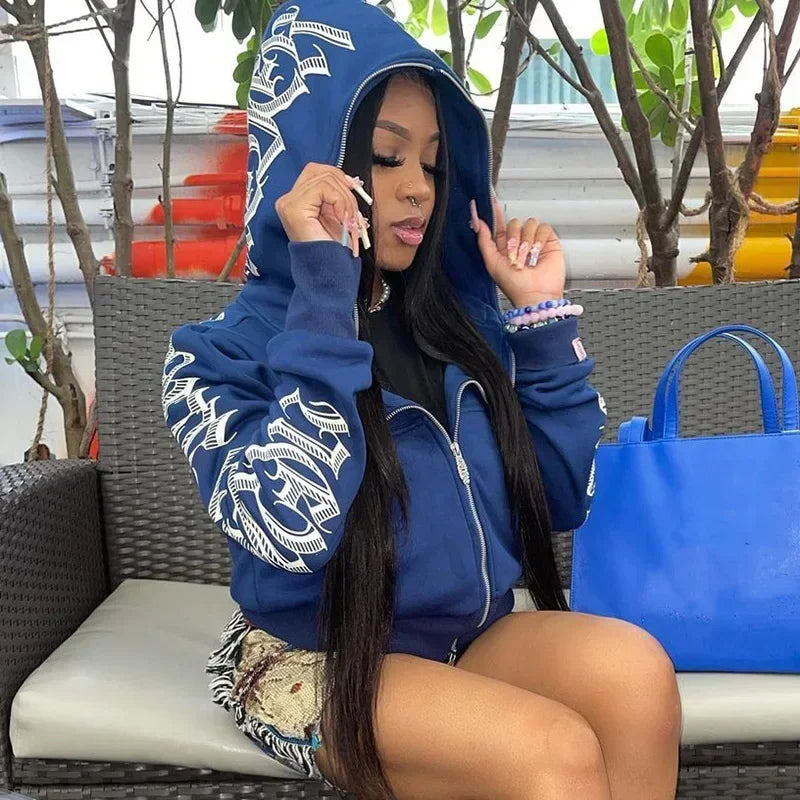 Zip Up Hoodie – Letter Printed – Hooded Silhouette | KIMLUD