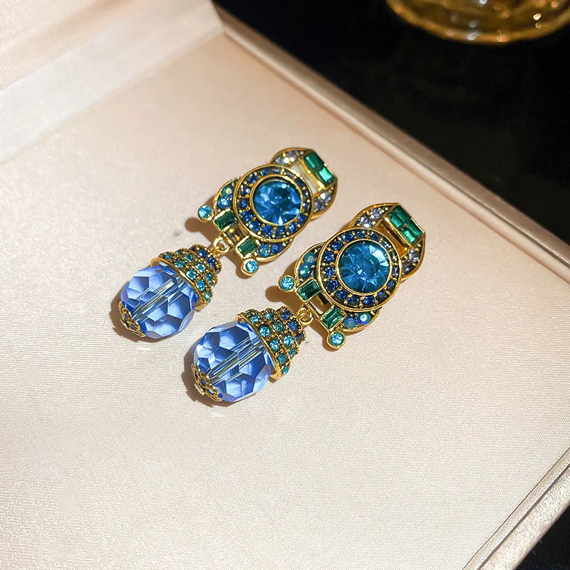 Crystal Water Drop Clip Earrings Round Rhinestones — Vintage Blue | KIMLUD