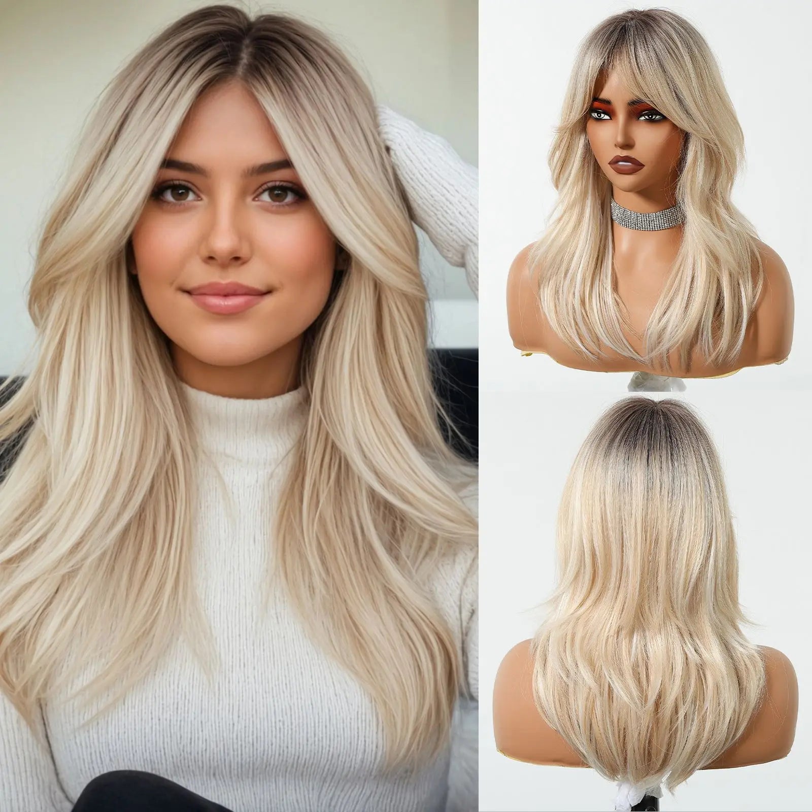 Wig – Medium-Length Layered Straight Bangs – Synthetic Hair – Grey | KIMLUD