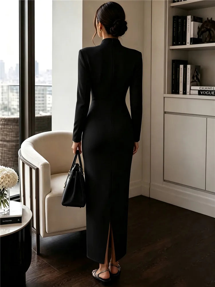Maxi Dress – V-Neck – Sheath Bodycon – Black | KIMLUD
