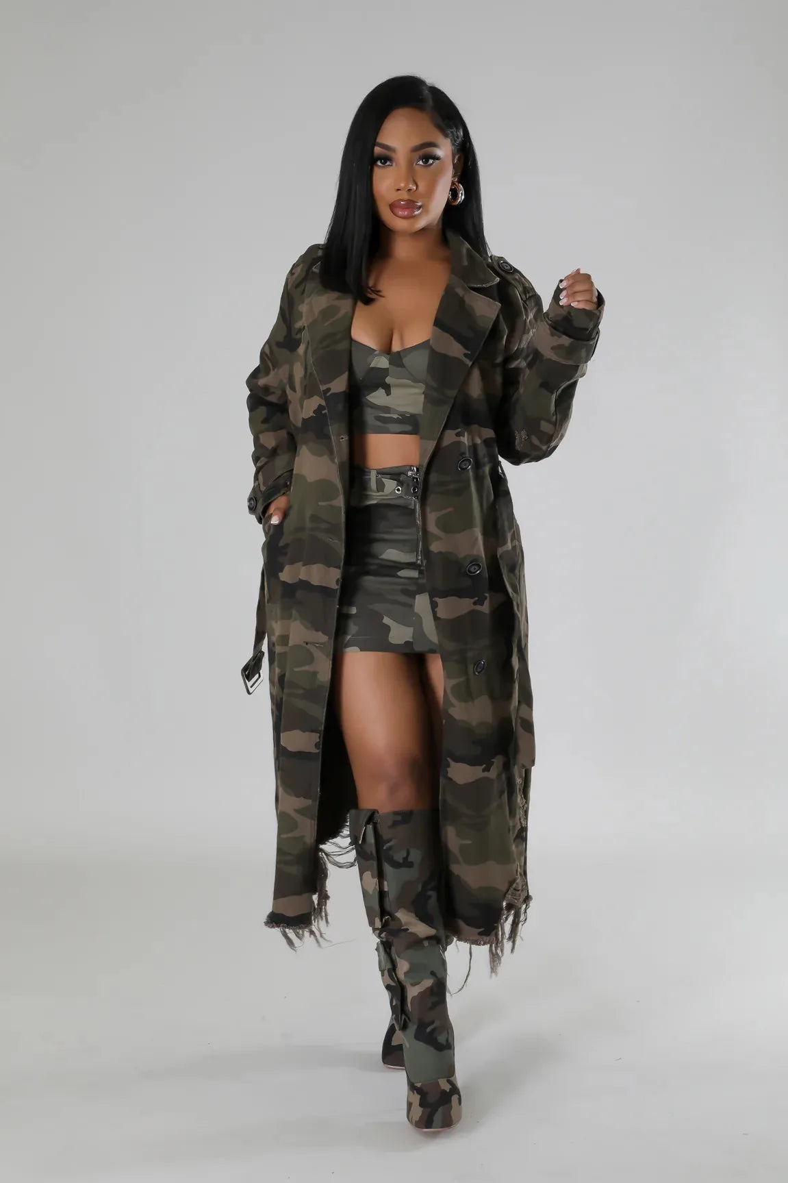 Camouflage Ripped Trench Jacket Long Coats Hole Windbreaker Sashes Single Breasted 2025 Women Streetwear Jackets Outerwear