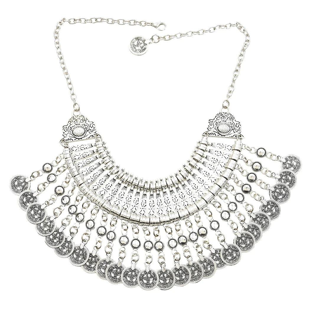 Afghan Bohemian Jewelry Set – Coin Tassel Necklace Earrings – Gold & Silver | KIMLUD