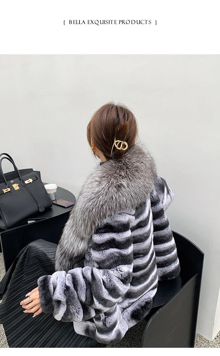 Rex Rabbit Fur Coat – Fox Fur Collar – Chinchilla Color | KIMLUD