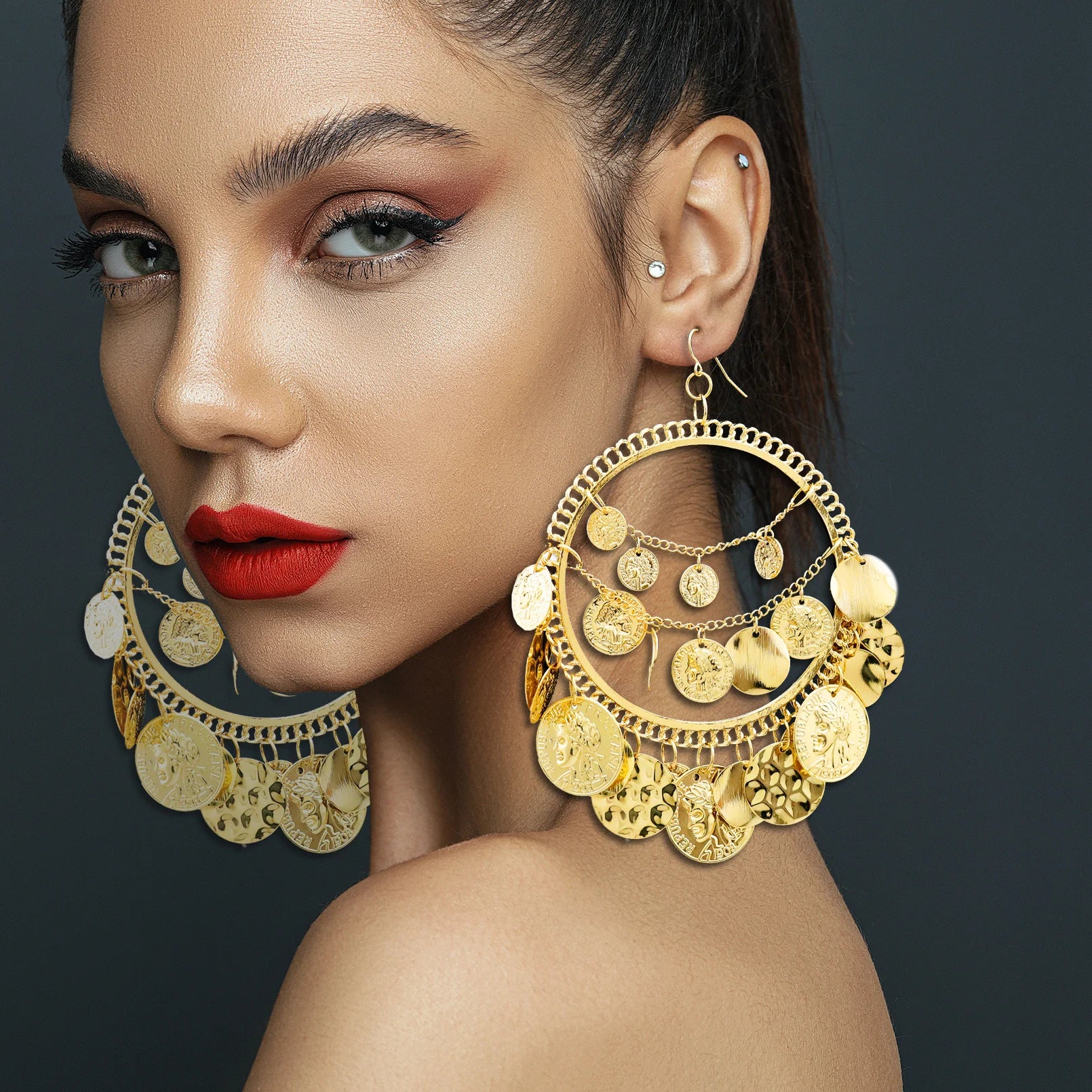 Metal Tribal Coins Hoop Earrings — Silver | KIMLUD