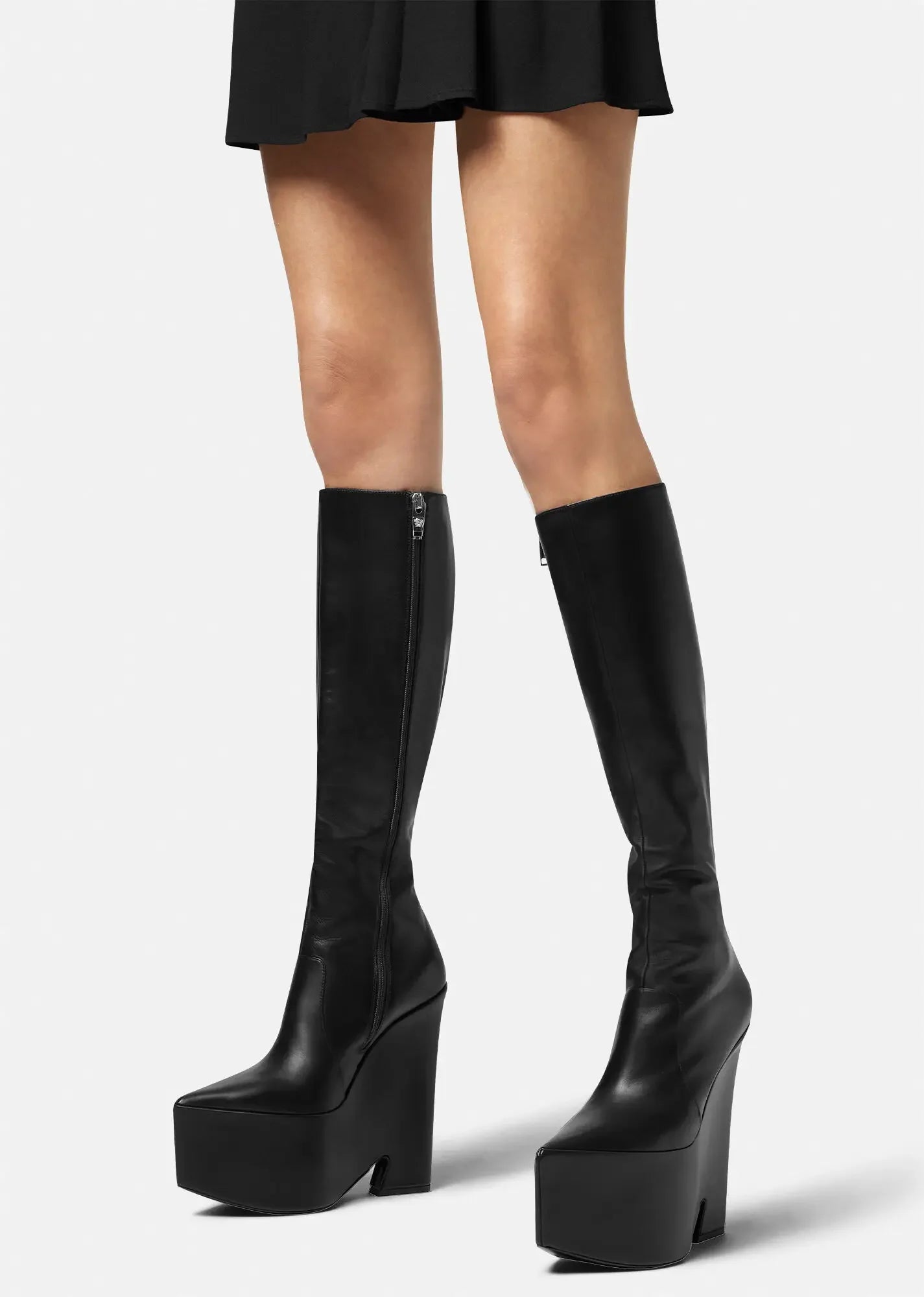 2025 New black platform knee high boots fashion Pointed toe skinny calf knee high boots Side zipper Riding boots