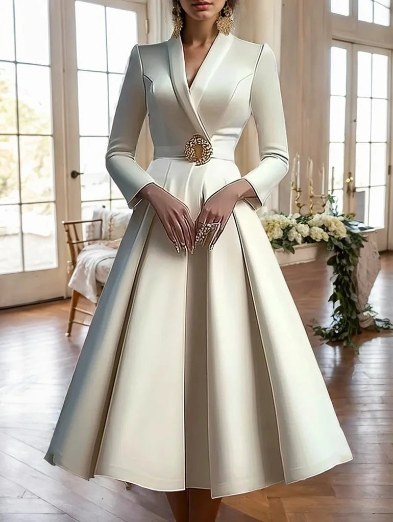 Elegant Women's Dress Wrap V Neck Long Sleeve Pleated Midi Dress Waisted Evening Party Dress Women's Long Dress Vestidos