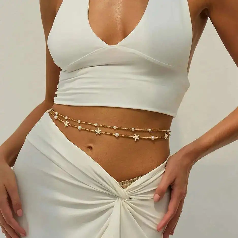 Beaded Rice Bead Waist Chain Two-Piece Set — White | KIMLUD
