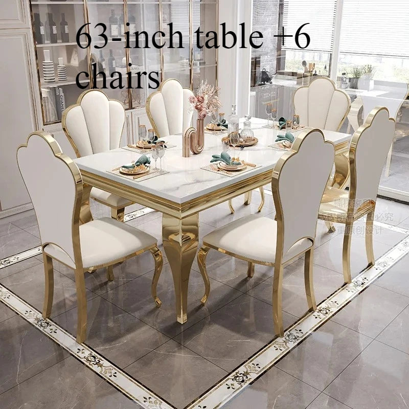 Marble Dining Table With Gold Accents And Rectangular Design — White | KIMLUD