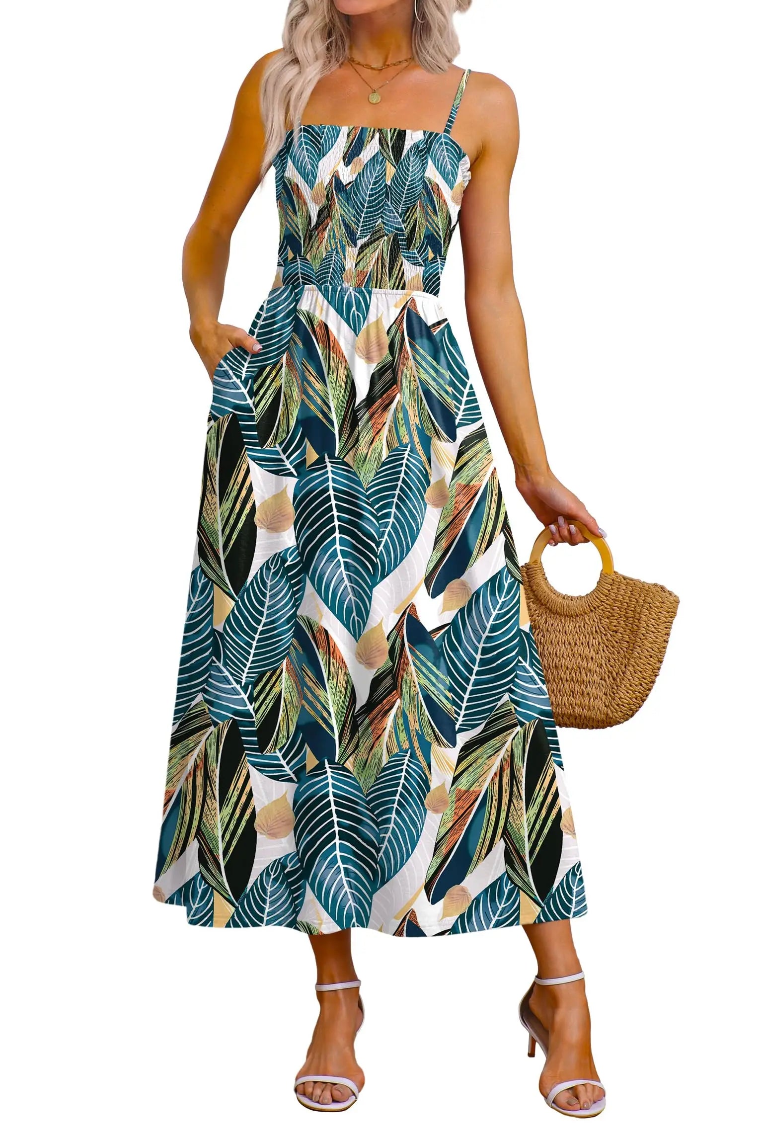 Spaghetti Strap Maxi Dress – Smocked Waist – Polyester Fiber | KIMLUD