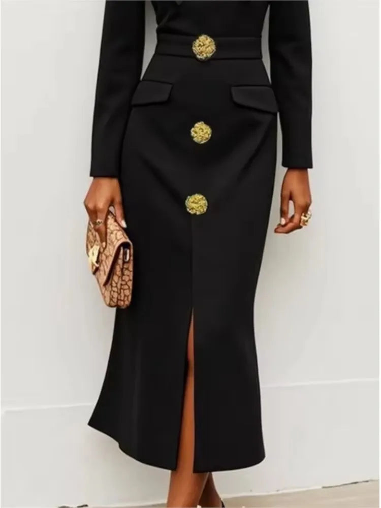 Evening Dress – Bow Tie Buttoned Long Sleeve – Polyester Slim Black | KIMLUD