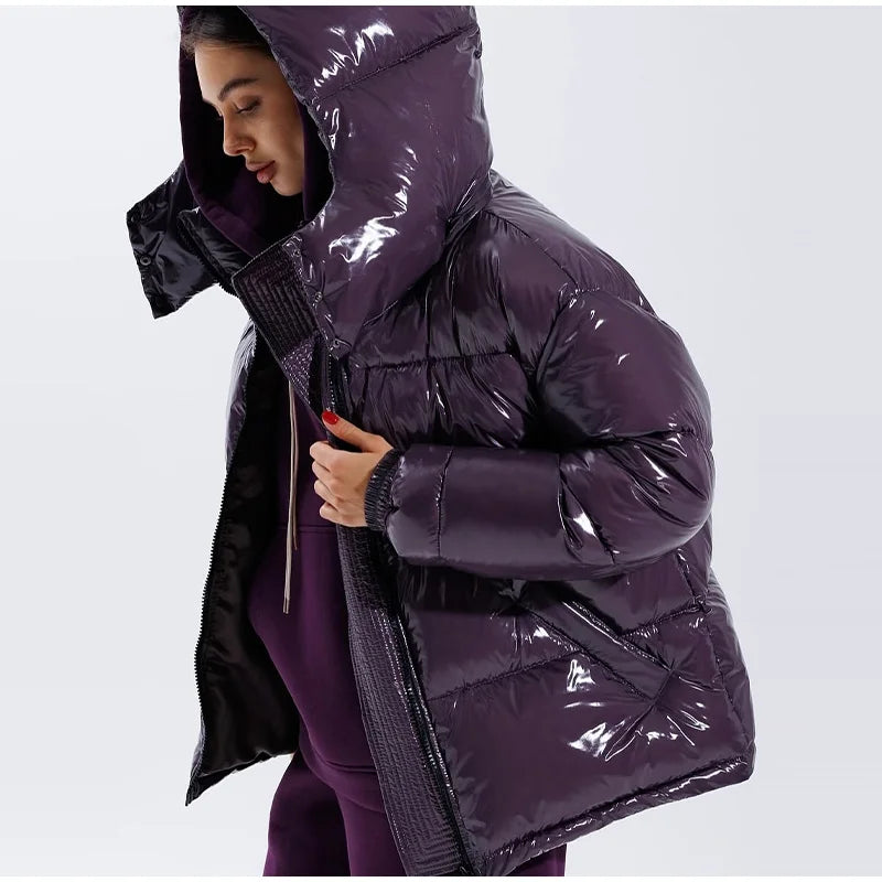 Chic Glossy Women's Thicken Cotton Coats Hooded Solid Loose Zippers Warm Lady Coat 2025 Winter Casual Female Street Jackets