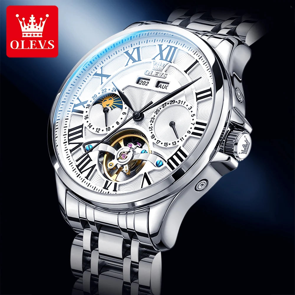 Stainless Steel Tourbillon Watch Moon Phase Calendar — Silver | KIMLUD
