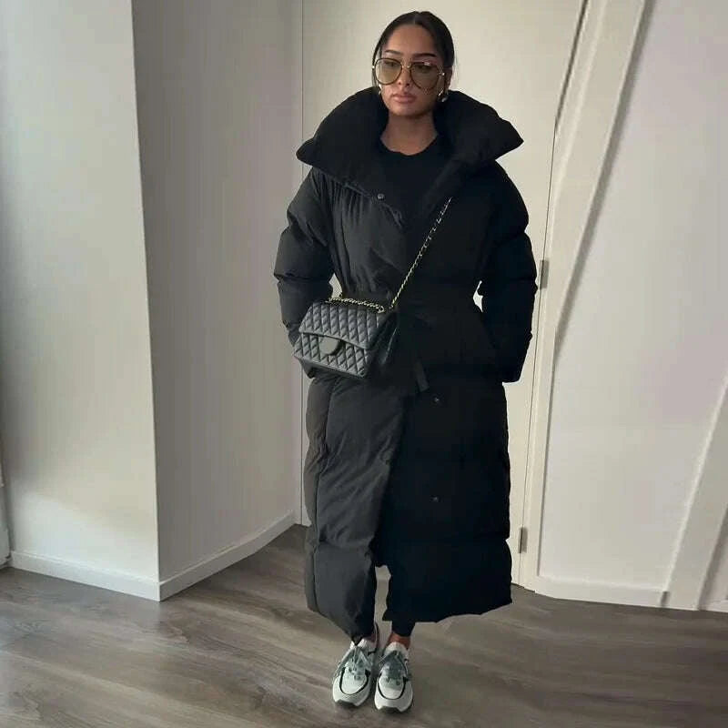 Warm Women's Puffy Quilted Hooded Long Cotton Coat Loose Solid Stand Collar Lace Up Zipper Overcoats 2025 Winter Lady Outwear