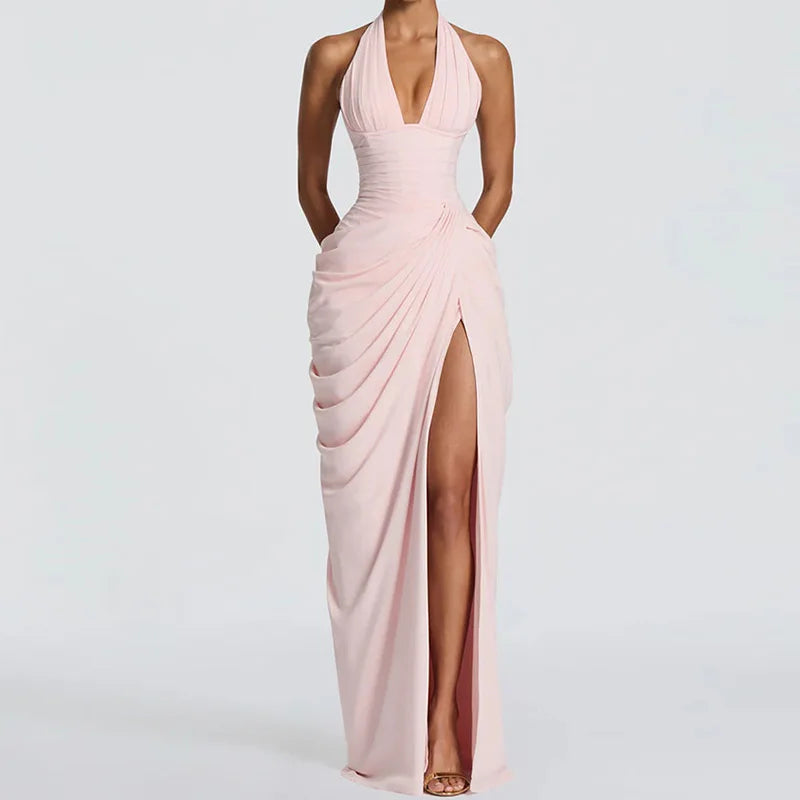 Patchwork Maxi Dress – Halter Backless – Polyester | KIMLUD