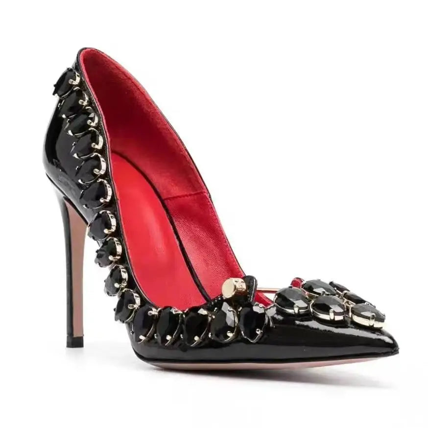 Crystal Embellished Patent Leather Pumps Crystal Trim — Black | KIMLUD