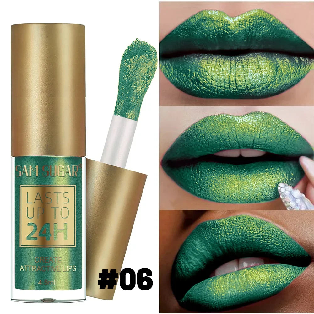 1PC Green Glitter Lip Glaze Waterproof Long Lasting Lip Gloss Bold & Intense Metallic Liquid Lipstick Pearlescent Tint Makeup