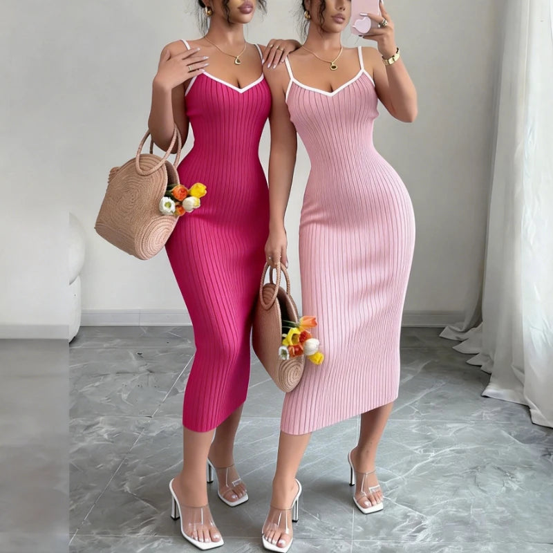 Knit Ribbed Midi Bodycon Dress For Summer — Pink | KIMLUD