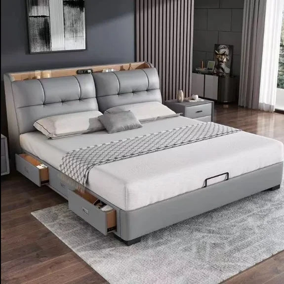 Pure White Nordic Style Oak Panel Queen Bed Frame Steel Frame Cama Modern Bed Queen Size Bed