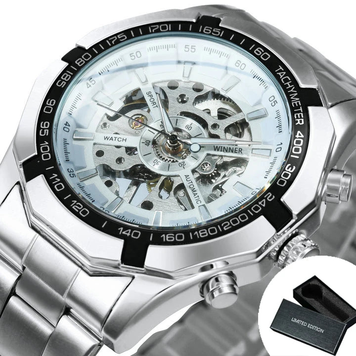 Stainless Steel Skeleton Watch Luminous Hands — Black | KIMLUD