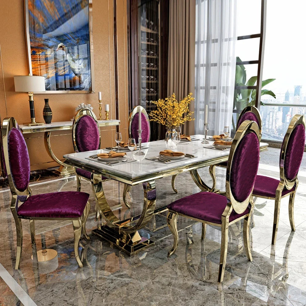Marble Top Dining Table Set Rectangular Modern Design With Stainless Steel Frame And Four Chairs — Silver | KIMLUD